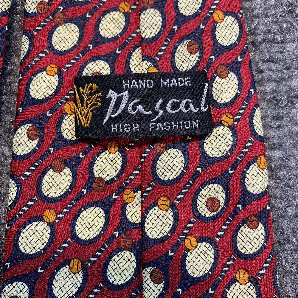 Pascal Hand Made Silk Neck Tie Red Tennis Racquet Ball Paddle Ball Print